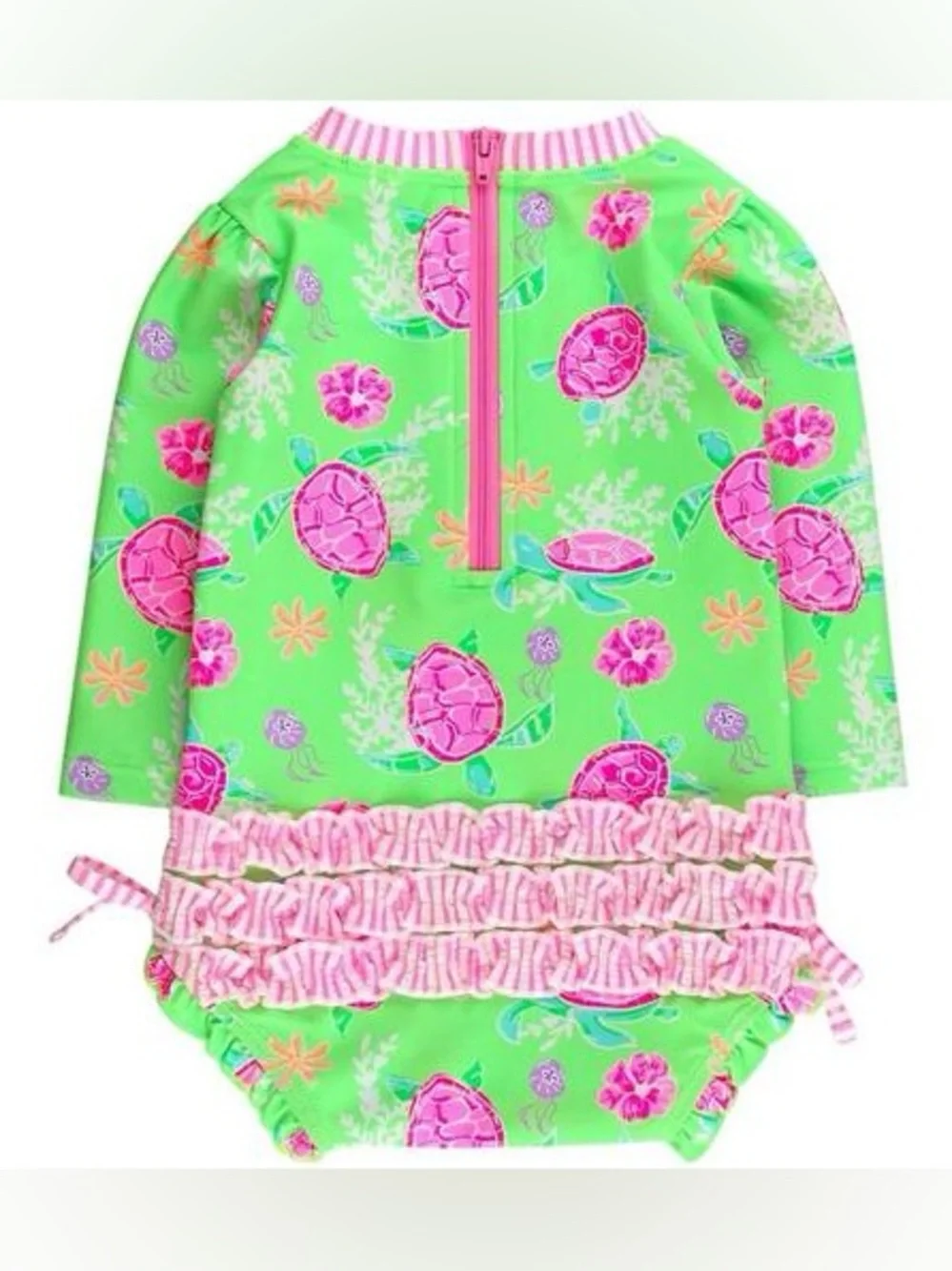 RuffleButts Neon Turtle Tide Long Sleeve Rash-guard Swimsuit 2T